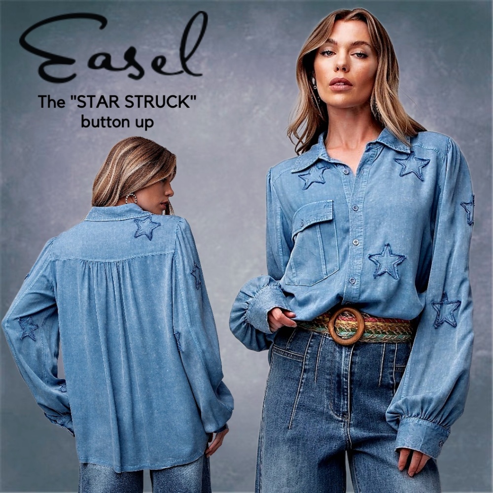 EASEL "STAR STRUCK" Super Soft Mineral Wash Lightweight Shirt, Embroidered Stars
